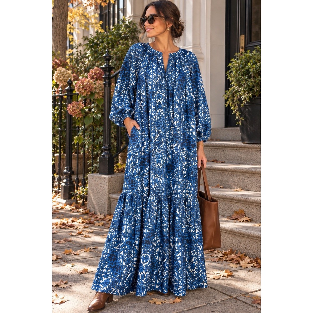 Tuckernuck NWT Womens XS Blue White Floral Cotton Tiered Maxi Dress Pockets